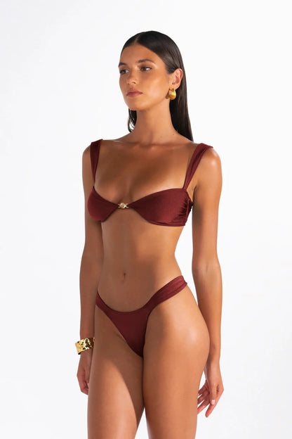 Gold Detail Bandeau Burgundy Bikini Sets