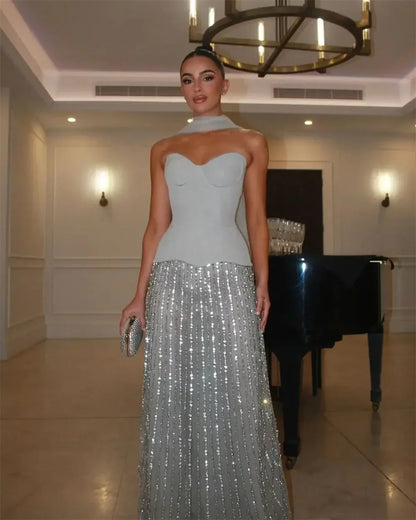 Beaded Strapless Sky Blue Maxi Dress