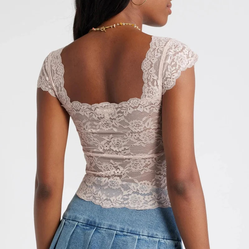 Lace Cap Sleeve Square Neck Crop Top