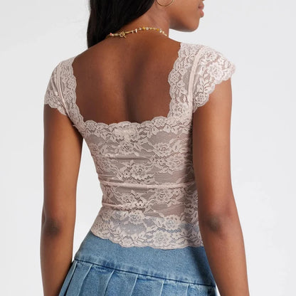 Lace Cap Sleeve Square Neck Crop Top
