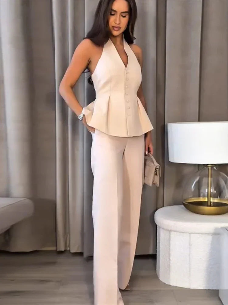 Halter V-Neck Straight Pant Suit
