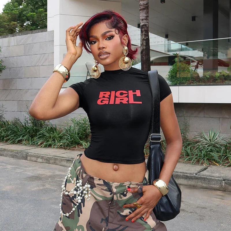 Letter Printed Short Sleeve Crop Top