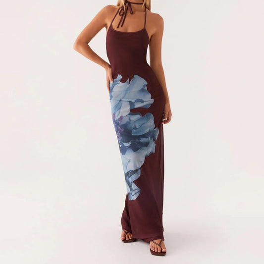 Sleeveless Lace-up Open Back Floral Print Slip Dress