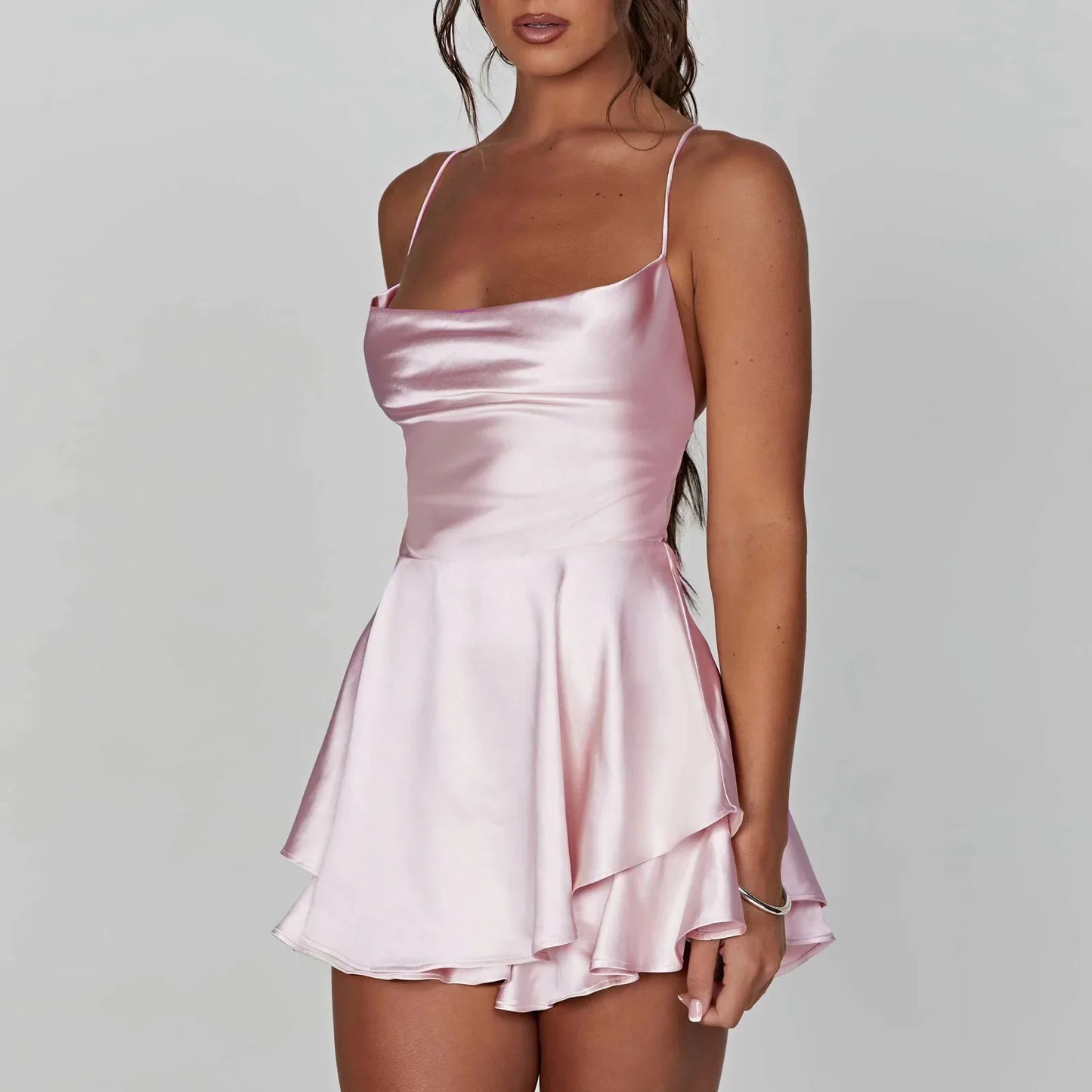 Satin Cowl Neck Tie Back Romper Mini Dress