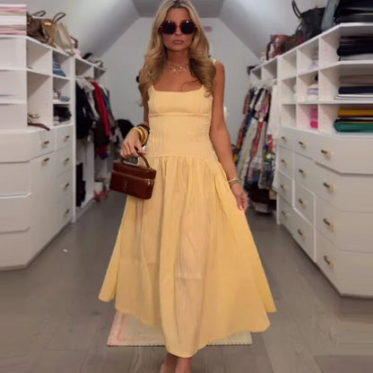 Yellow Pleated Backless Midi Dress