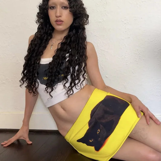 Black Cat Digital Print Low Waist Mini Two Piece Skirt Set