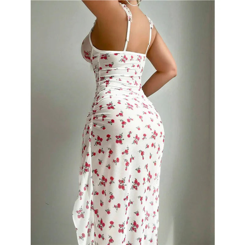 Split Rose Print Mesh Floral Dress