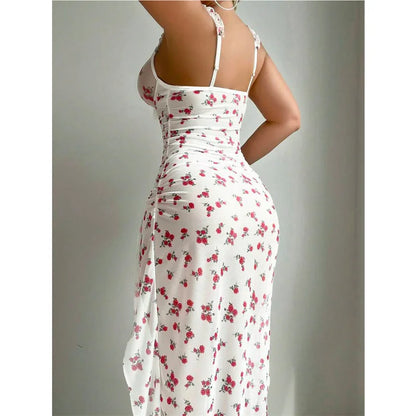 Split Rose Print Mesh Floral Dress