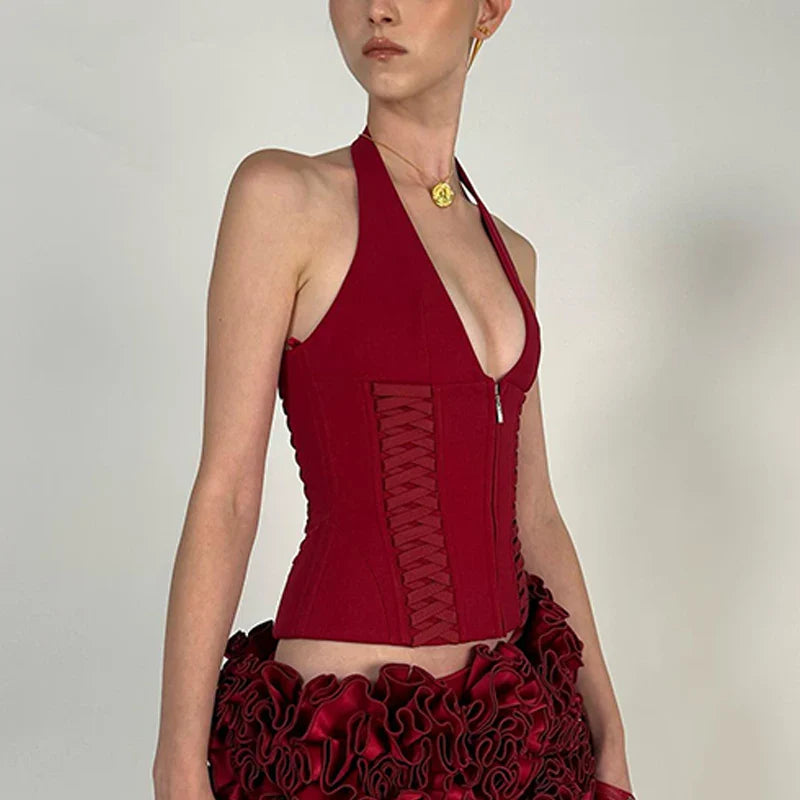 Cross Tie Zipper Slim Off Shoulder Backless Cami Top