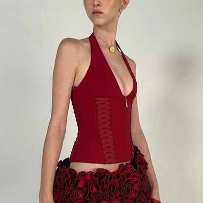 Cross Tie Zipper Slim Off Shoulder Backless Cami Top