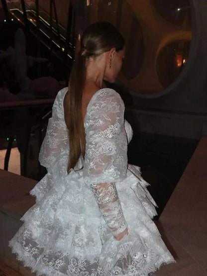 Puff Sleeve Layered Ruffle High Waist Lace Dress