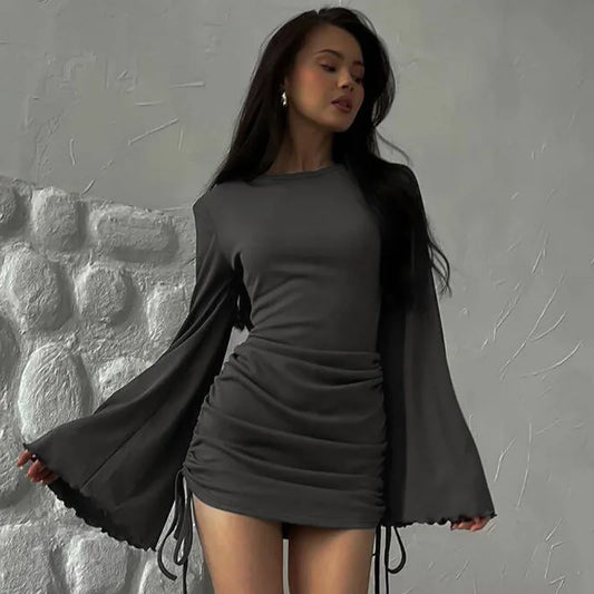 Flare Sleeve Drawstring Solid Mini Dress