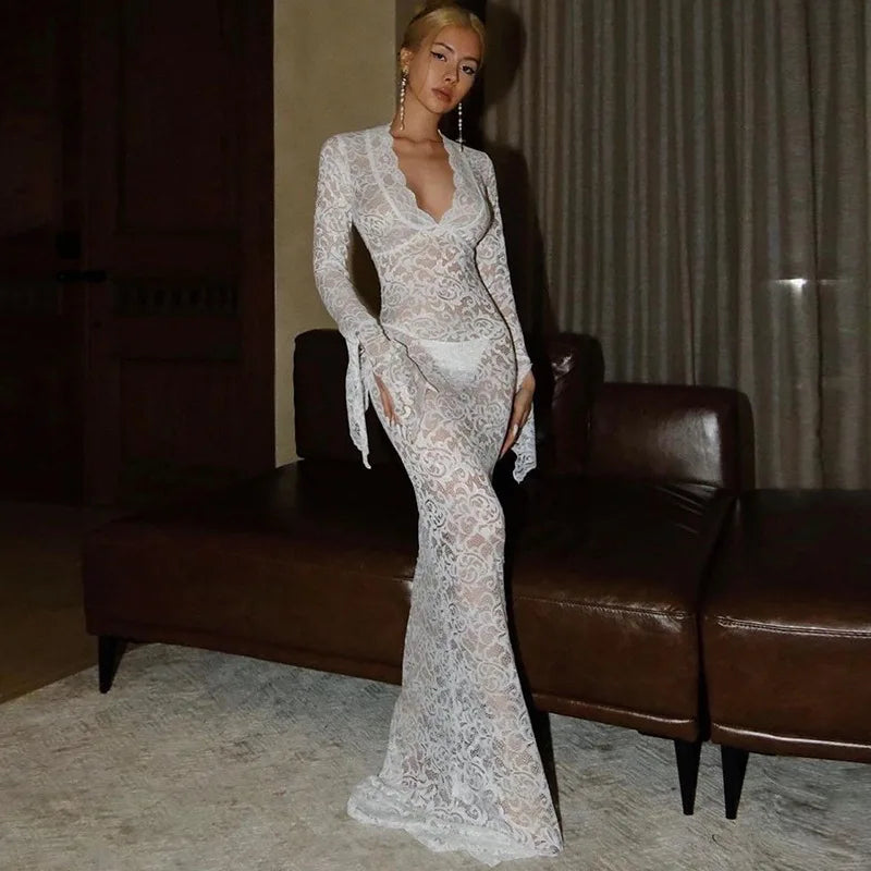 Transparent Flare Sleeve V-Neck Lace Dress