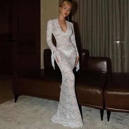 Transparent Flare Sleeve V-Neck Lace Dress