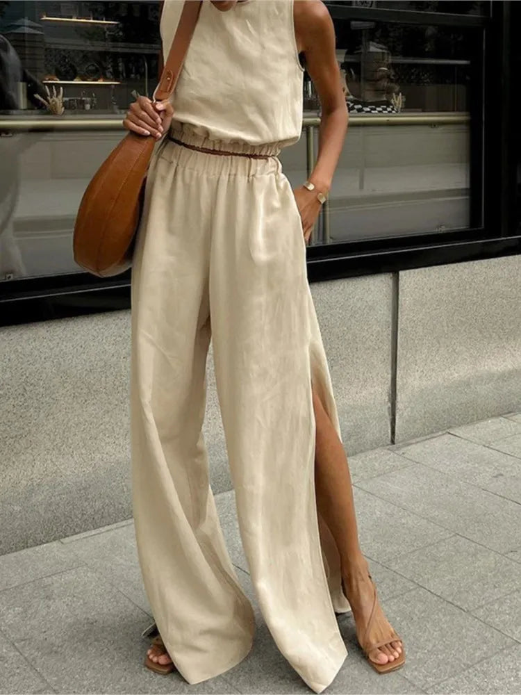 Cotton Linen Khaki Sleeveless Two Piece Pants Set