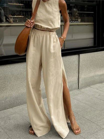 Cotton Linen Khaki Sleeveless Two Piece Pants Set