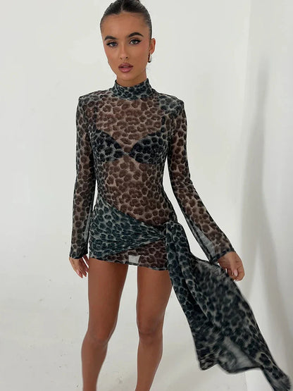Leopard Sheer Bandage Long Sleeve Mini Dress