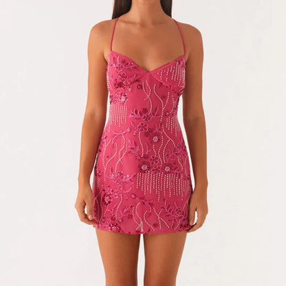 Sequin Beaded V Neck Backless Mini Dress