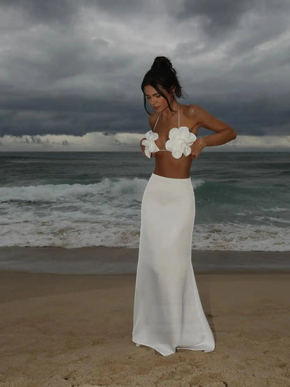 3D Flower Sleeveless Sweet Chic Slit Beach Two Piece Skirt Set