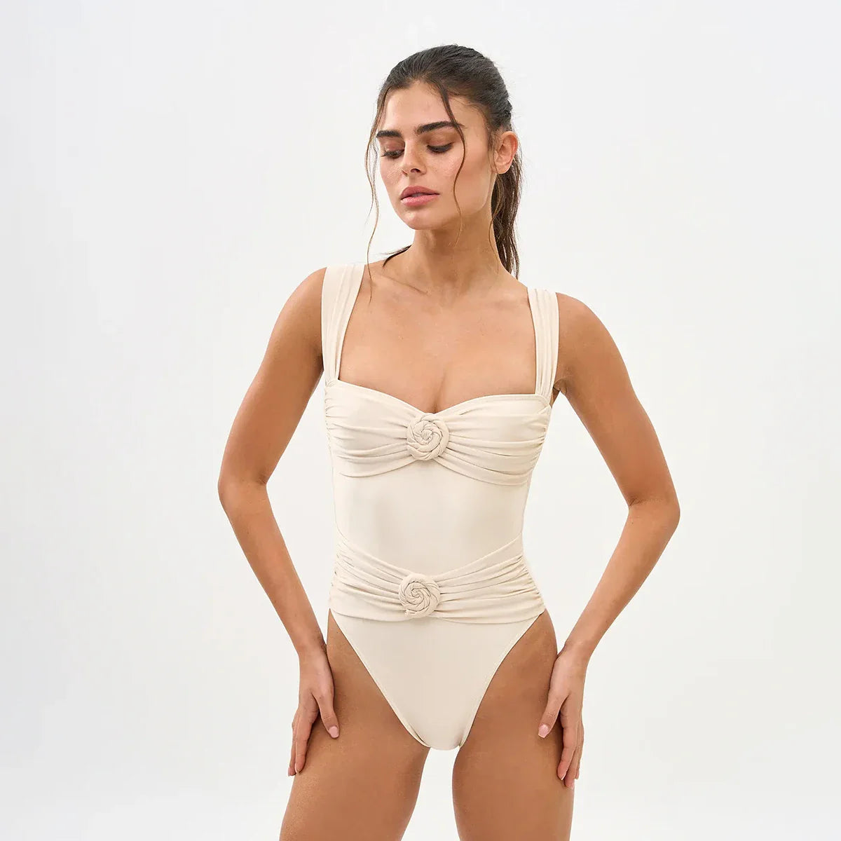 Push Up Solid Flower Biquini One Piece Swimwear