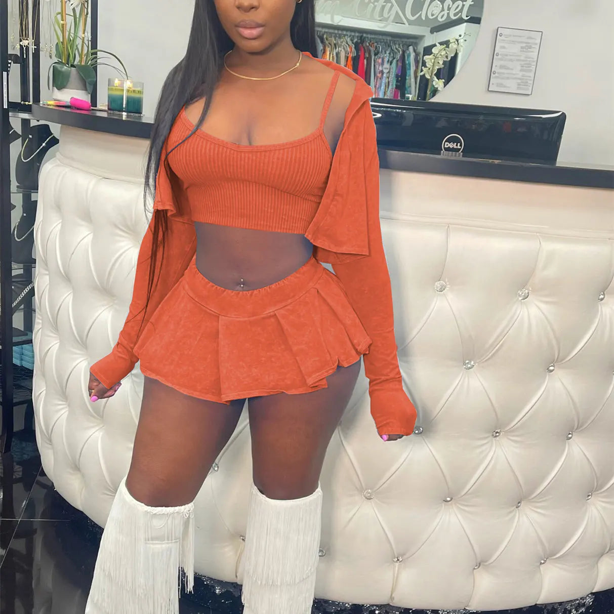 Ribber Pleated Vest Long Sleeve Super Mini Two Piece Skirt Set