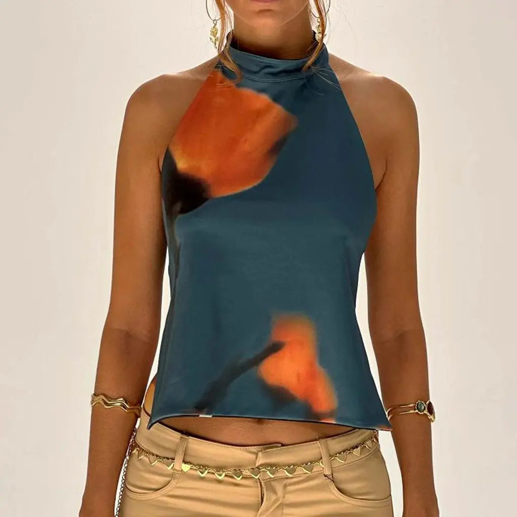 Y2K Button Closure Halter Backless Tie-Dye Cami Top