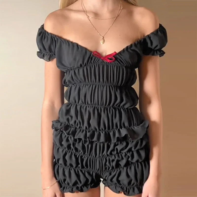 Vintage Ruched Off Shoulder Crop Top Two Piece Shorts Set