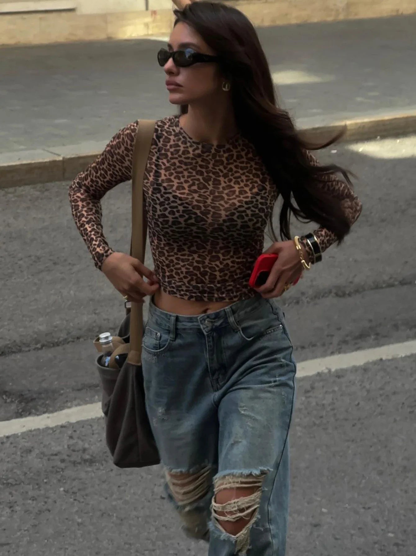 Leopard Printed Mesh Bodycon Long Sleeve Sheer Top