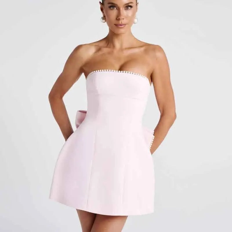 Pearl Backless Bow Prom Dress