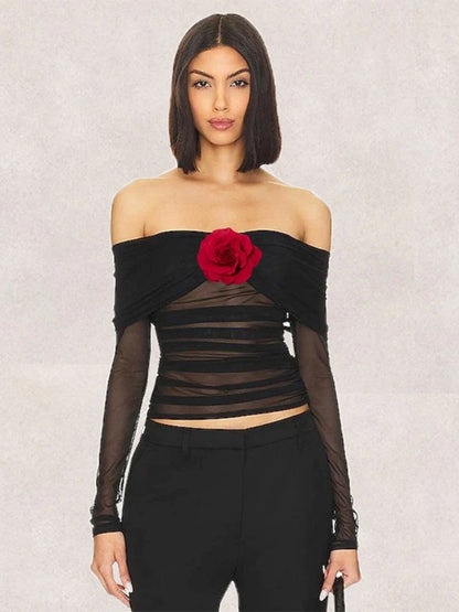 Aesthetic Flower Long Sleeve Sheer Top