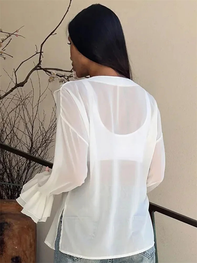 Chiffon V-neck Ruffled See-through Lace-up Blouse