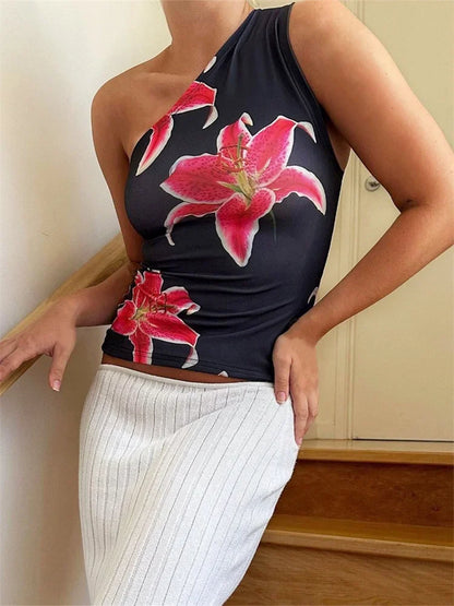 One Shoulder Vintage Floral Slash Neck Cami Top