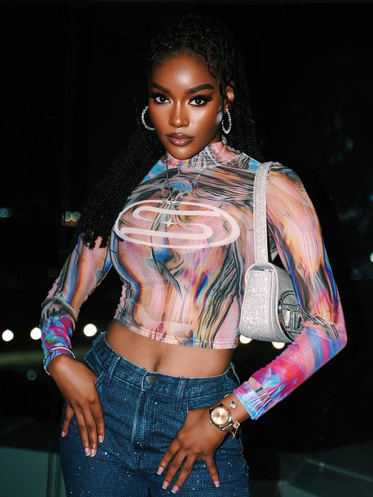 Tie Dye Print Long Sleeve Sheer Top