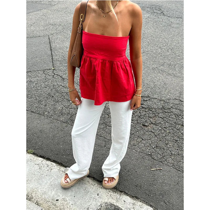 Solid Ruffles Flowy Bandeau Strapless