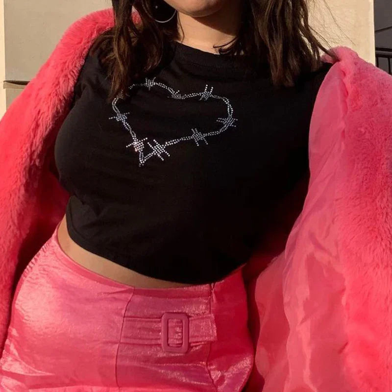 Y2K Rhinestones Graphic Slim Fit Crop Top