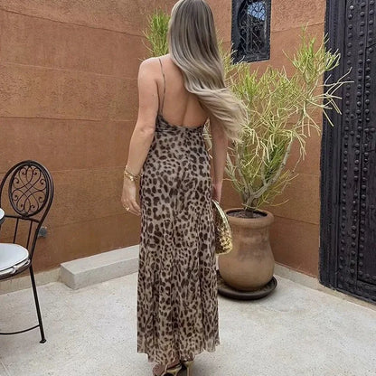 Leopard Print Slip Tulle Backless Midi Dress