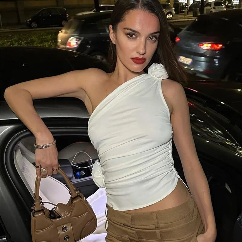 Ruched Applique Flower Sleeveless Cami Top