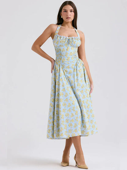 Print Wrap A-line Halter Midi Summer Dress