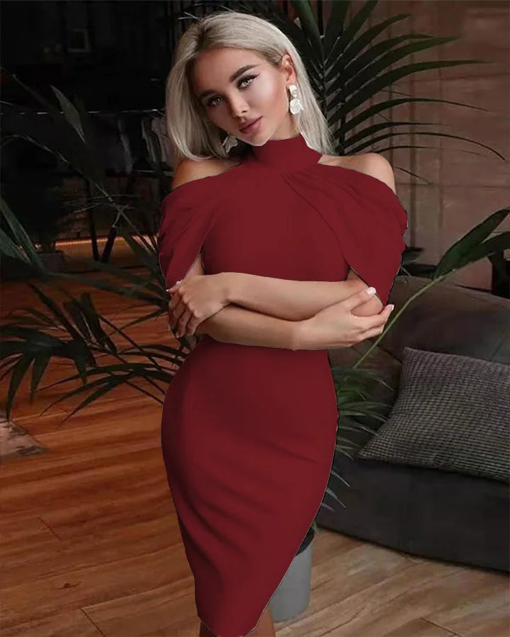 Solid Halter Off Shoulder Hip Package Bodycon Work Dress