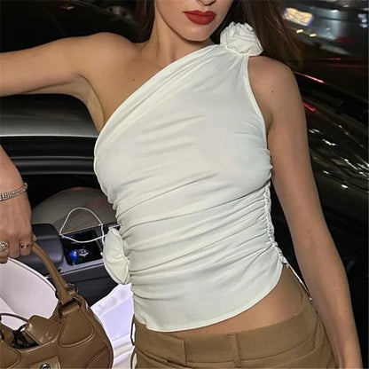 Ruched Applique Flower Sleeveless Cami Top