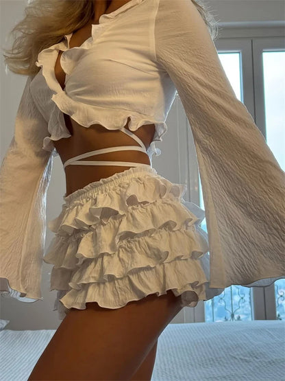 Lace-Up Ruffle Patchwork 2-Piece Mini Dress