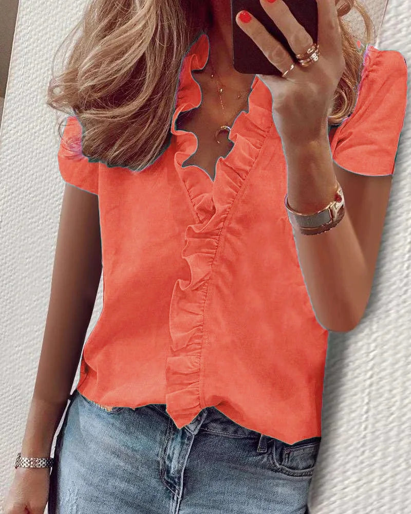Plus Size Summer Casual Short Sleeve V-neck Blouse