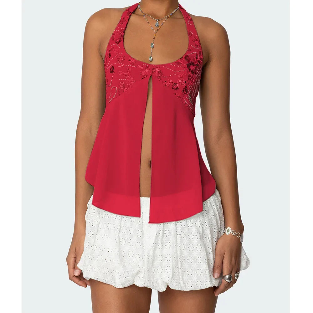 Pearl Embellished Sequins Halter Backless Cami Top