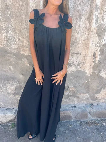 Loose Sleeveless Solid Maxi Floral Dress