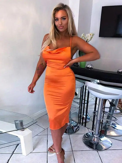 Neon Satin Lace Up Backless Midi Dress