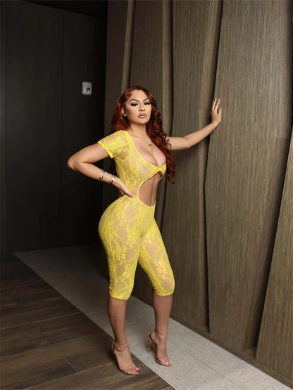 Lace See Through Black Bodycon Romper