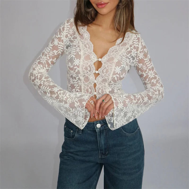 Floral White Lace Long Sleeve Sheer Top