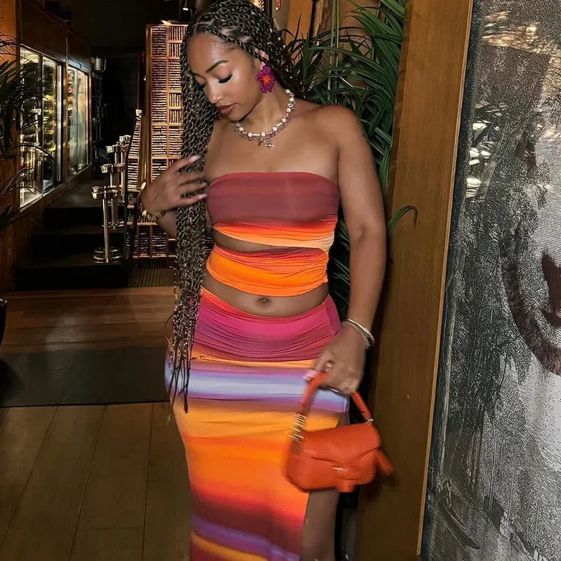 Colorful Cut Out Tube Top Split Three Piece Swim Sets