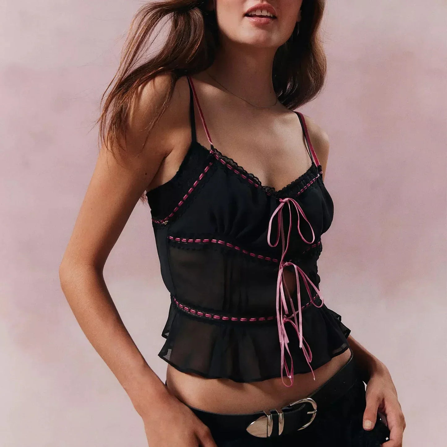 Sheer Mesh Lace Strap V Neck Cami Top