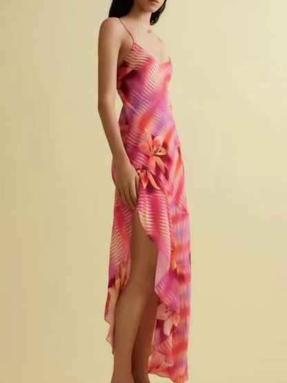 Chic Flower Printed V Neck Beach Midi Dress
